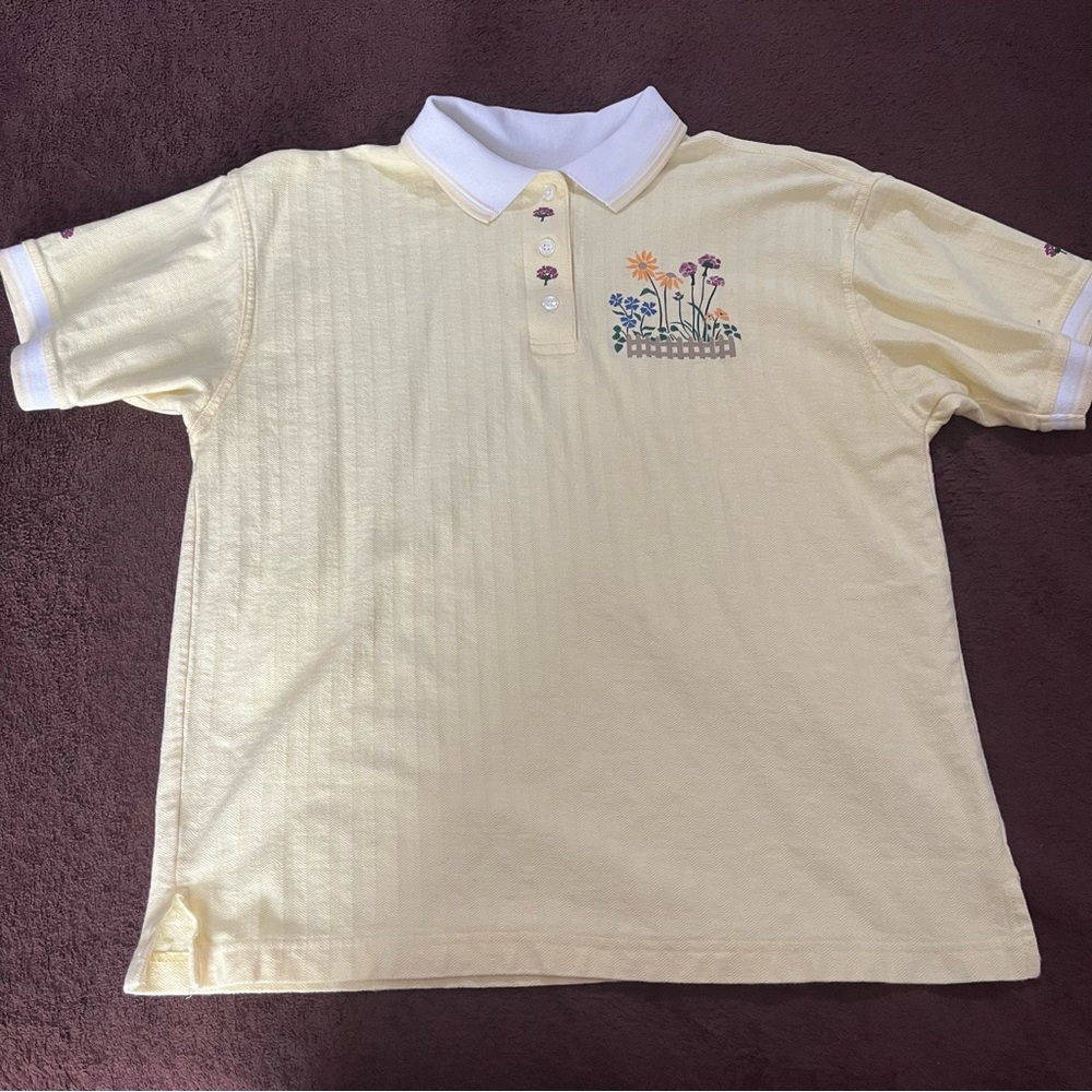 Women’s XL DIPORT USA Vintage Yellow Cottagecore Grandma Cloral Embroidered Polo